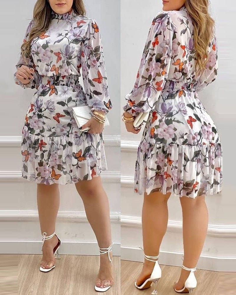 Cap Point Floral Print Turtleneck Lantern Sleeve Ruffle Mini Dress