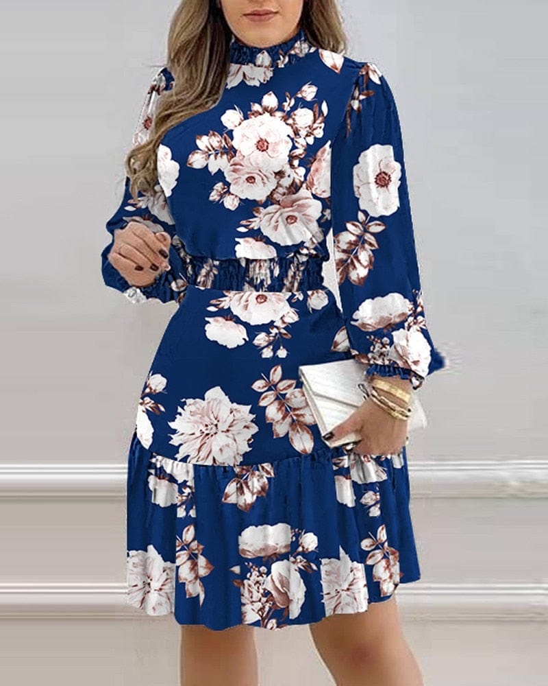 Cap Point Floral Print Turtleneck Lantern Sleeve Ruffle Mini Dress