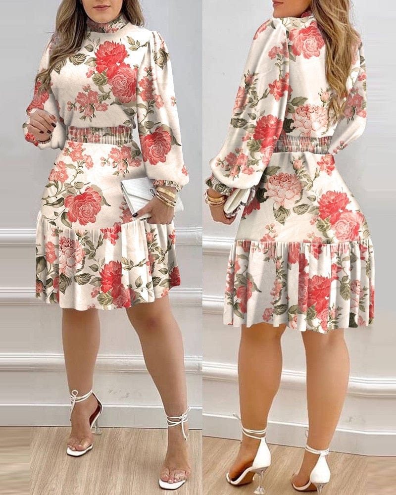 Cap Point Floral Print Turtleneck Lantern Sleeve Ruffle Mini Dress