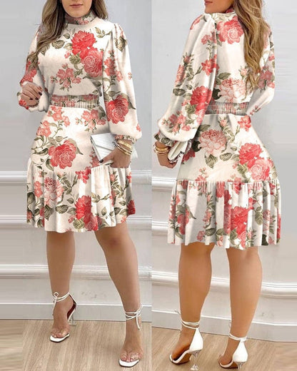 Cap Point Floral Print Turtleneck Lantern Sleeve Ruffle Mini Dress