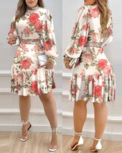 Load image into Gallery viewer, Cap Point Floral Print Turtleneck Lantern Sleeve Ruffle Mini Dress

