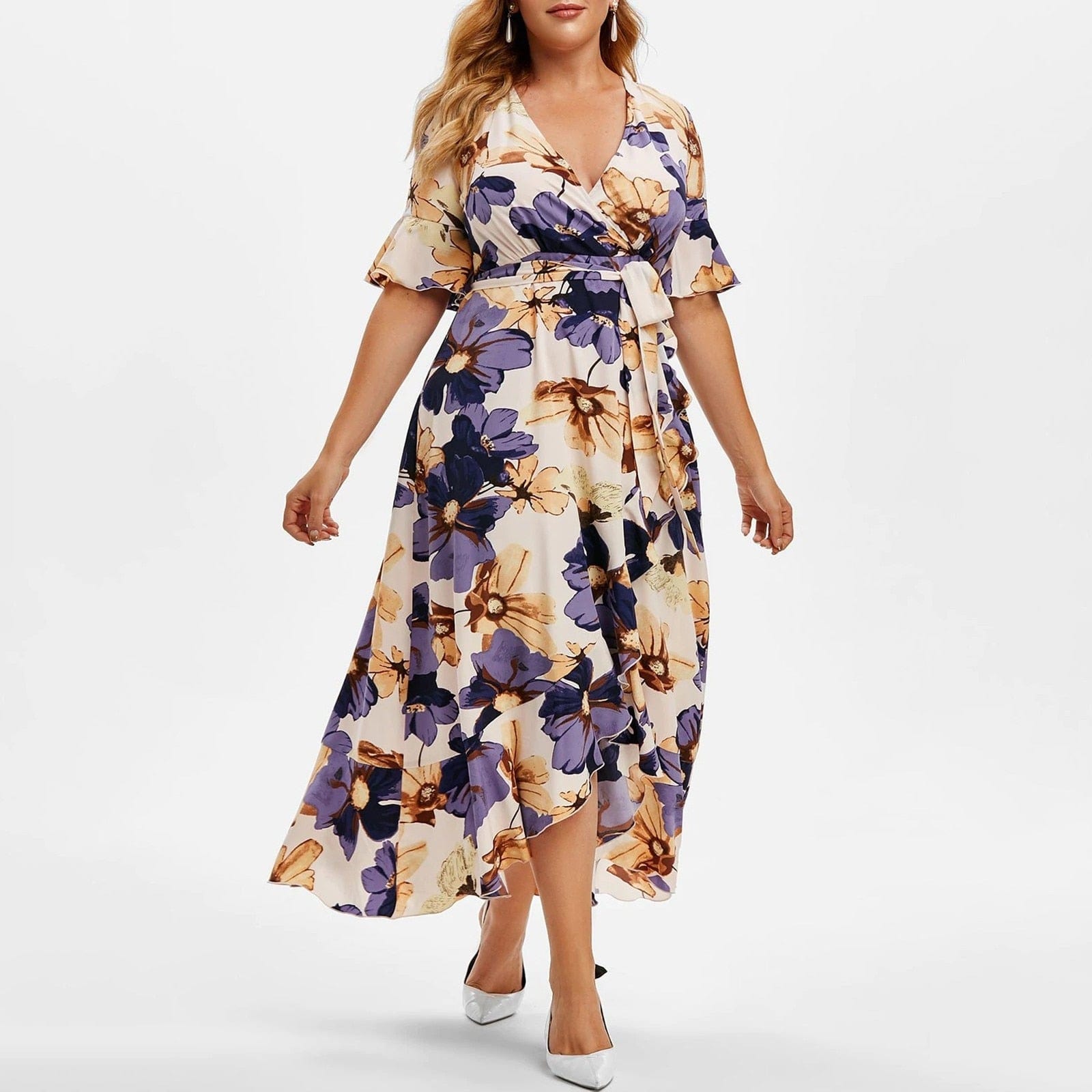 Cap Point Floral Print V-Neck Short Sleeve Irregular Ruffle Hem Summer Dress