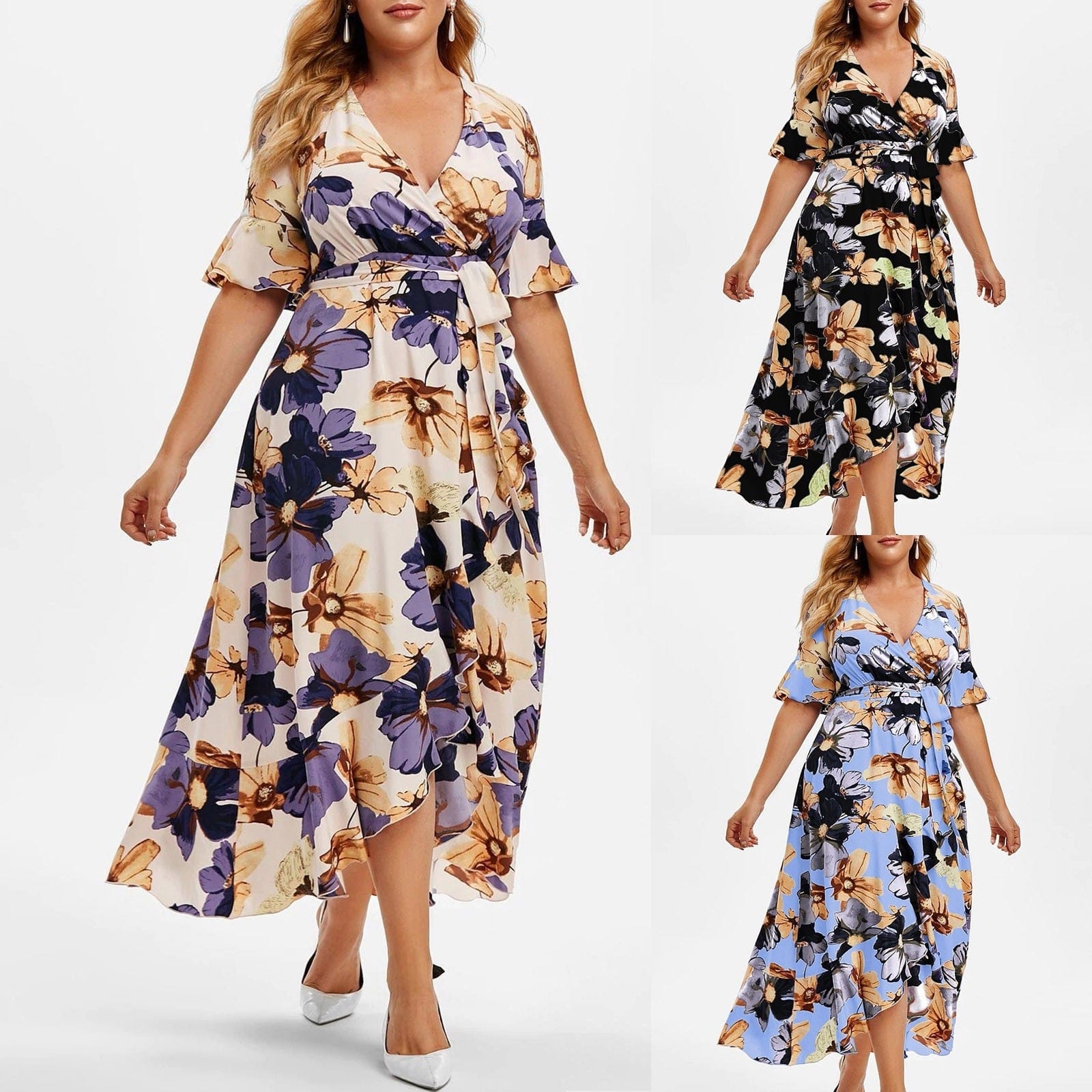 Cap Point Floral Print V-Neck Short Sleeve Irregular Ruffle Hem Summer Dress