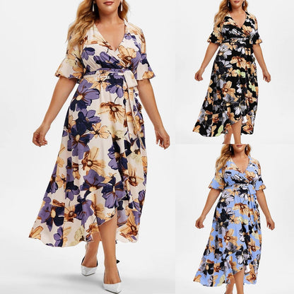 Cap Point Floral Print V-Neck Short Sleeve Irregular Ruffle Hem Summer Dress