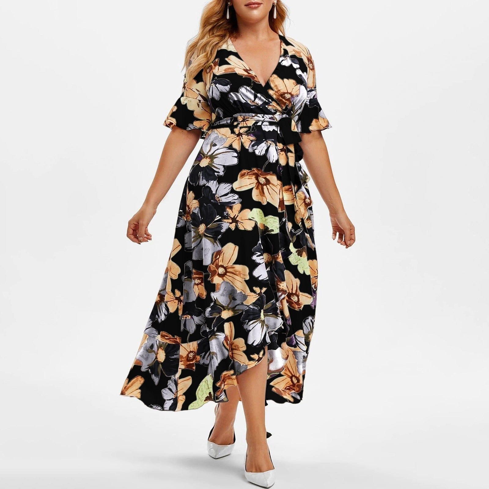 Cap Point Floral Print V-Neck Short Sleeve Irregular Ruffle Hem Summer Dress