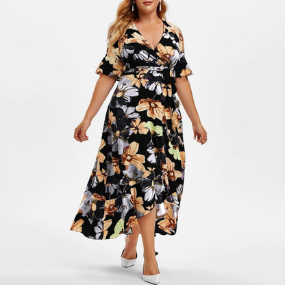 Cap Point Floral Print V-Neck Short Sleeve Irregular Ruffle Hem Summer Dress