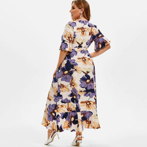 Cap Point Floral Print V-Neck Short Sleeve Irregular Ruffle Hem Summer Dress