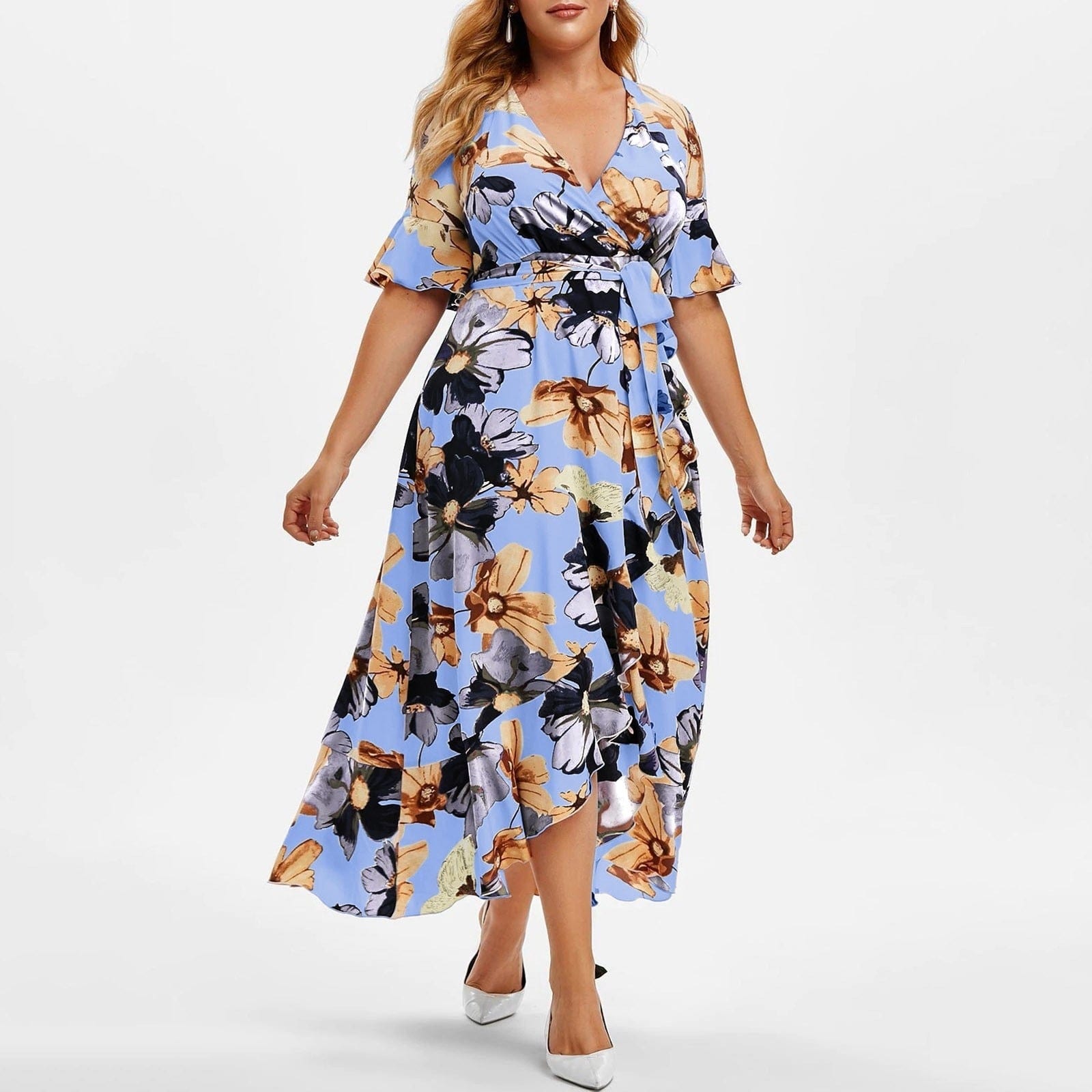 Cap Point Floral Print V-Neck Short Sleeve Irregular Ruffle Hem Summer Dress