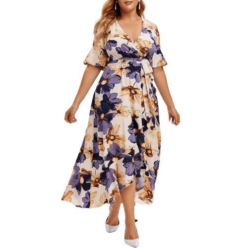 Cap Point Floral Print V-Neck Short Sleeve Irregular Ruffle Hem Summer Dress