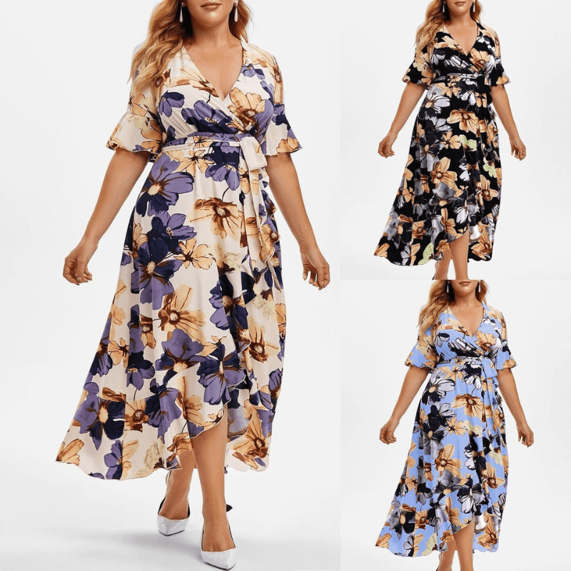 Cap Point Floral Print V-Neck Short Sleeve Irregular Ruffle Hem Summer Dress