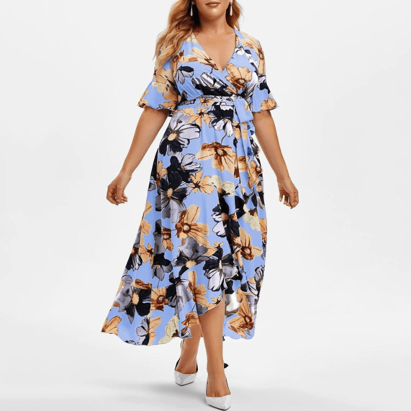 Cap Point Floral Print V-Neck Short Sleeve Irregular Ruffle Hem Summer Dress