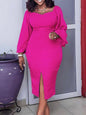 Cap Point Fuchsia / S Dianne Long Sleeve Square Neck Elegant OL Midi Dress