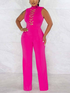Cap Point Fuchsia / S Elianne Sleeveless Casual Chain Lace Up Slim Jumpsuit