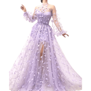 Cap Point Fuchsia / S Fashion Floral Long Sleeve Tulle Maxi Dress