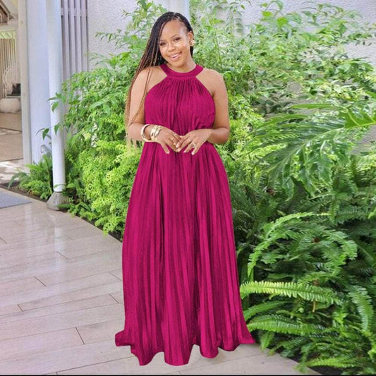 Cap Point Fuchsia / S Modimo Pleated Sleeveless Halter Neck Loose Big Swing Maxi Dress