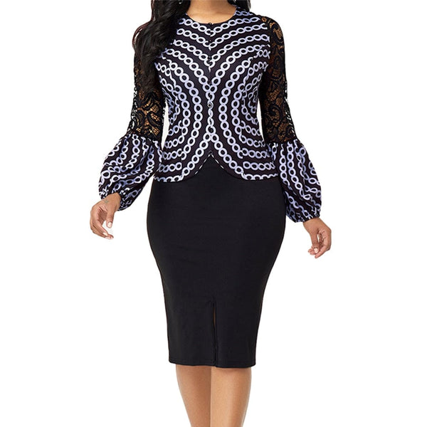 Cap Point Germaine Two Piece O Neck Long Sleeve Patchwork Lace Print Top Split Skirt