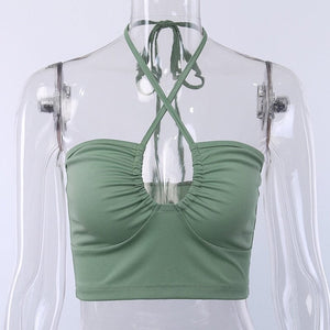 Cap Point Gina Sexy Solid Lace Up Bow Halter Ruched Crop Top