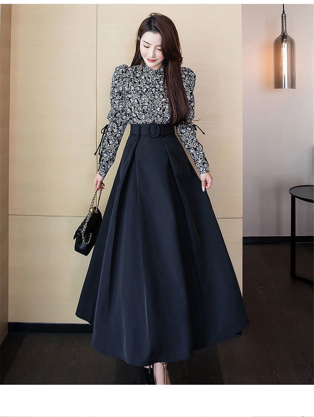 Cap Point Ginette Formal Pleated  High Waist Maxi Skirt With Belt