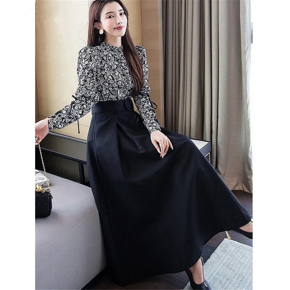 Cap Point Ginette Formal Pleated  High Waist Maxi Skirt With Belt