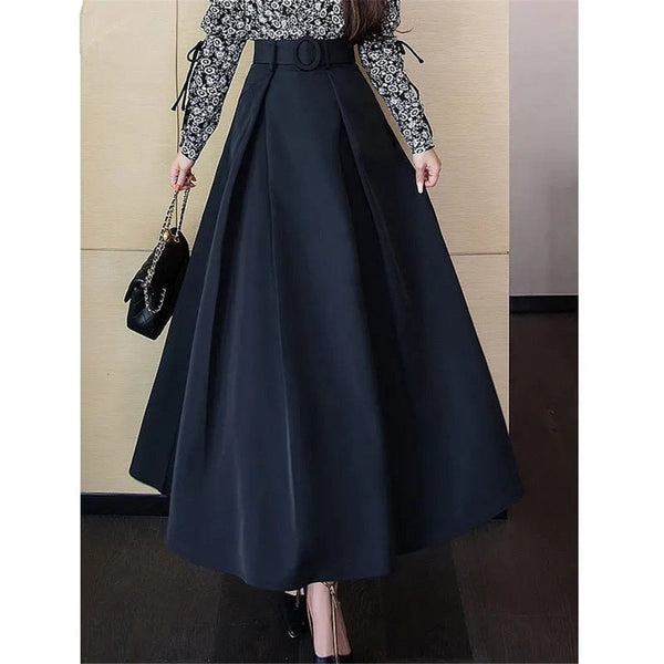 Cap Point Ginette Formal Pleated  High Waist Maxi Skirt With Belt