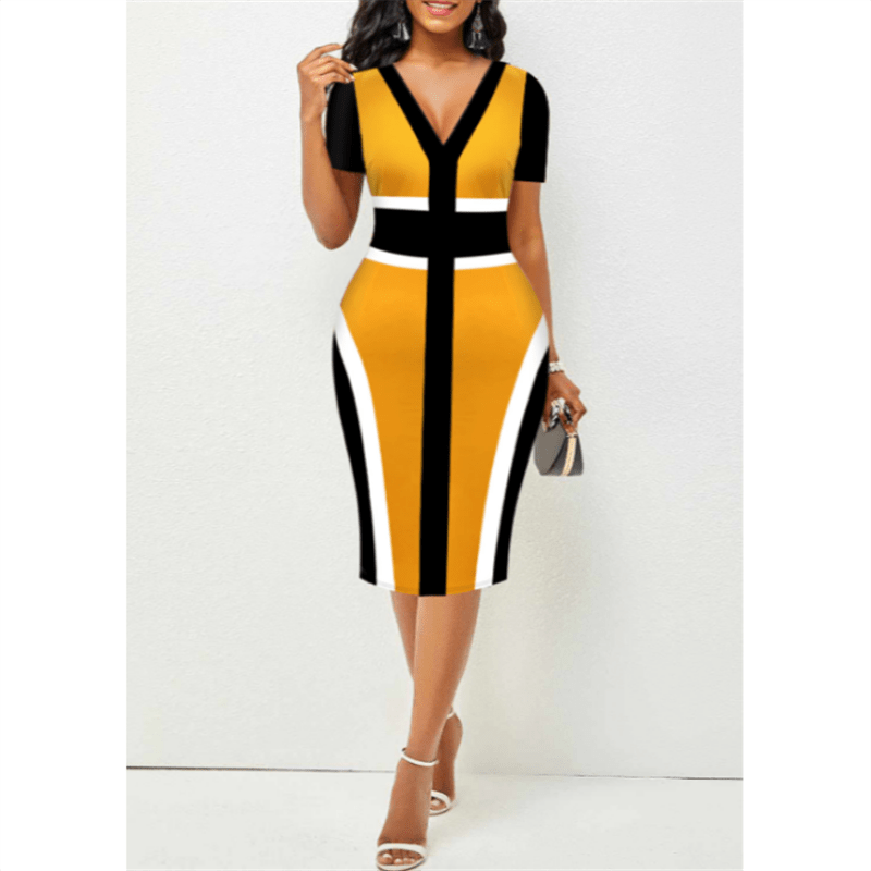 Cap Point Ginger / S Belinda High Waist Patchwork Printing V-Neck Elegant Short Sleeve Midi Dress