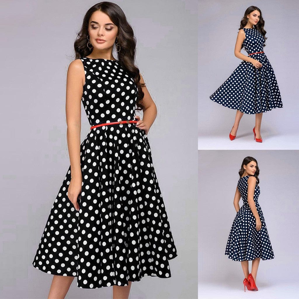 Cap Point Giselle Vintage Zip Flare Retro Polka Dot Print Sleeveless Dress