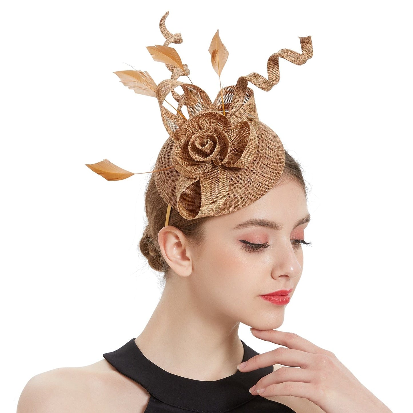 Cap Point gold Mirva Hat Cocktail Tea Party Kentucky Derby Feather Fascinators