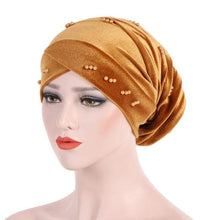 Load image into Gallery viewer, Cap Point Gold New Solid Pearl Beaded Turban Head Scarf
