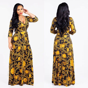 Cap Point Gold / S Benita Sexy Bohemian Splicing Floral Print Sleeve Maxi Bodycon Dress