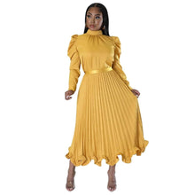 Load image into Gallery viewer, Cap Point Gold / S Dinanga Elegant Slim Two Piece Solid Satin Puff Sleeve Top Ruffle Dress
