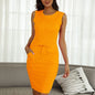 Cap Point Gold / S Katherine Ladies Casual Sleeveless Pockets with Belt Pencil Mini Dress