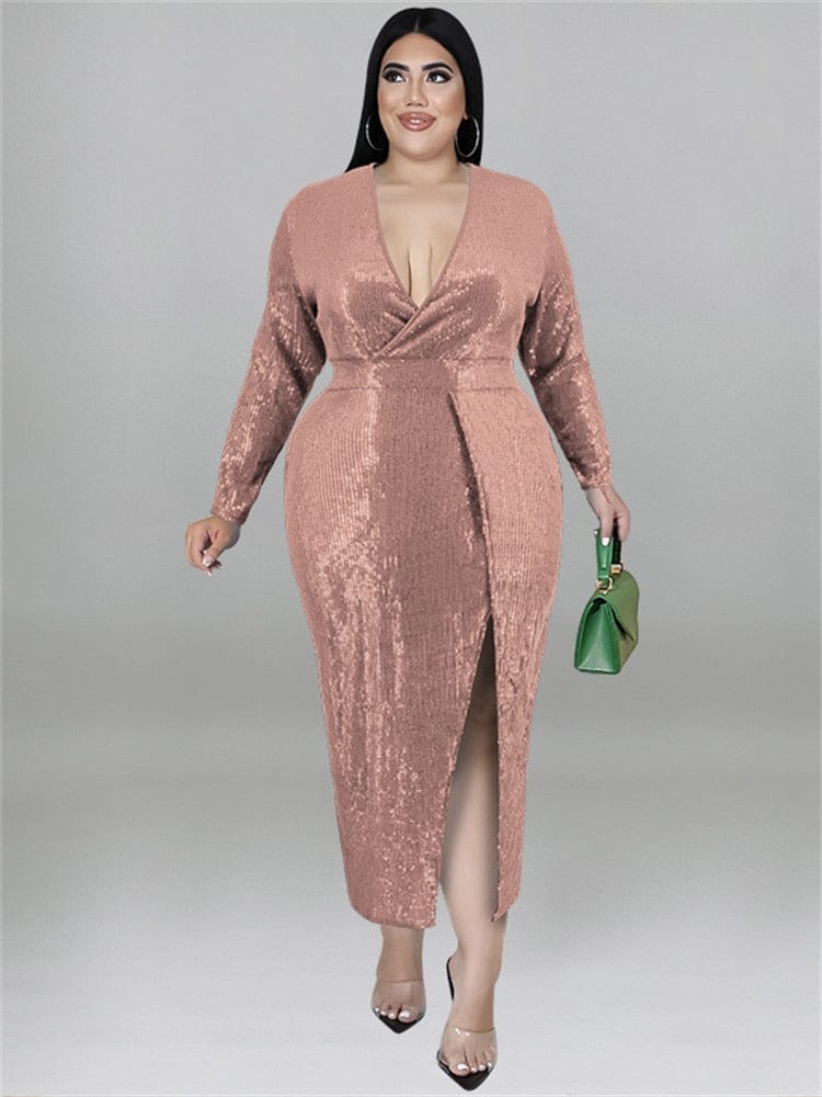 Cap Point Gold / XL Doris Plus Size Fall V Neck Bodycon Elegant Sexy Evening Maxi Dress