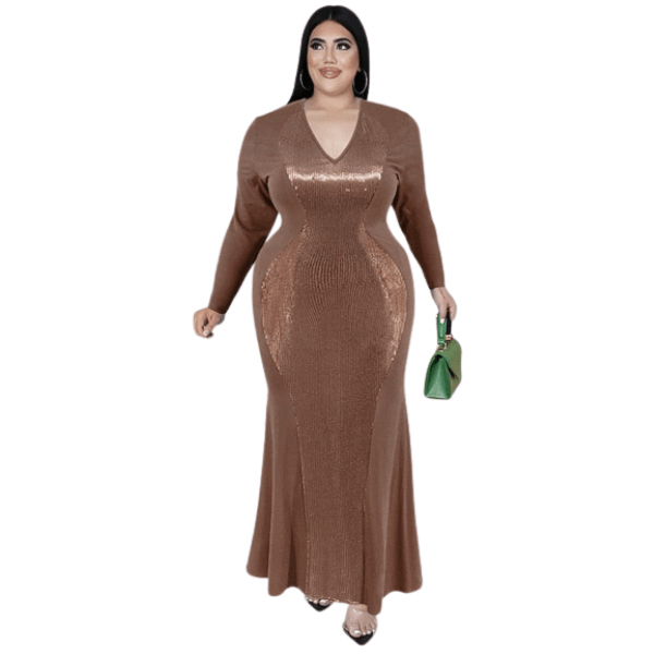 Cap Point Gold / XL Doris Plus Size V Neck Sexy Long Sleeve Fashion Elegant Evening Luxurious Maxi Dress