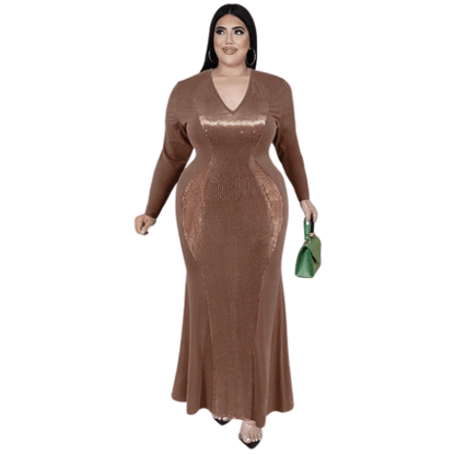 Cap Point Gold / XL Doris Plus Size V Neck Sexy Long Sleeve Fashion Elegant Evening Luxurious Maxi Dress