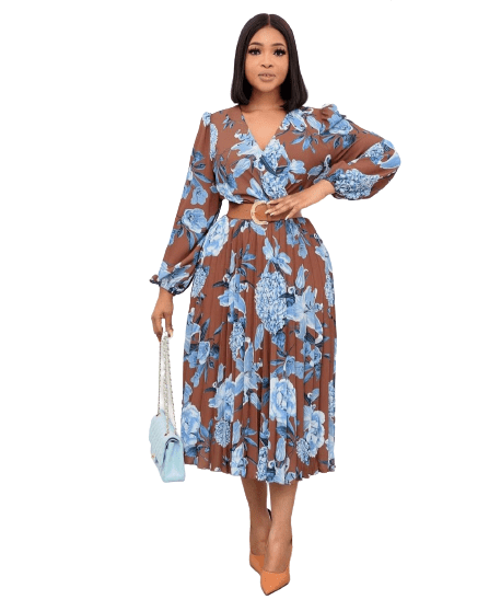 Cap Point Gray / 14 Charlene Pleated Long Dress V-neck Maxi Dress
