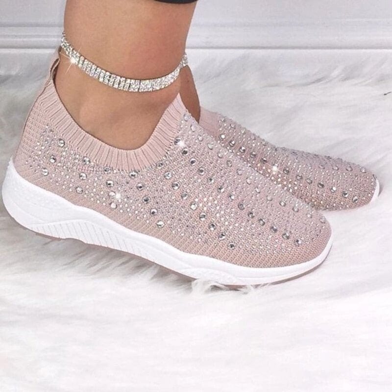 Cap Point gray / 5 Comfortable Breathable Knit Mesh Crystal Flat Sneakers