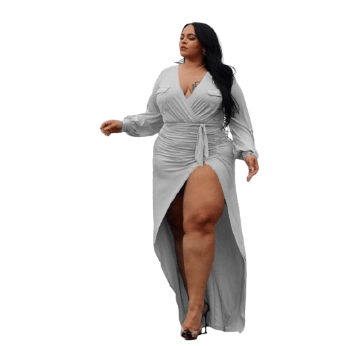Cap Point Gray / L Plus Size Solid Bandage Slit Stretch Neckline Sexy Evening Dress