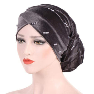 Cap Point gray New Solid Pearl Beaded Turban Head Scarf