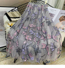Load image into Gallery viewer, Cap Point Gray / One Size Perline Flowers Embroidery Tulle High Waist Midi Pleated Maxi Skirt
