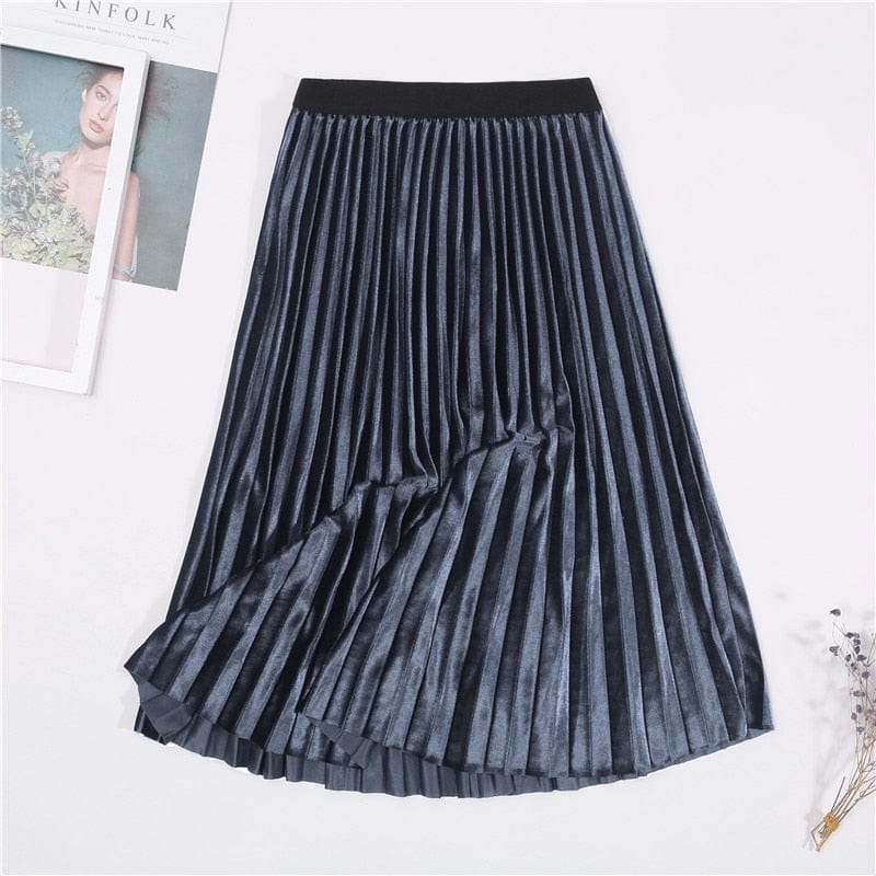 Cap Point Gray / One Size Vintage Velvet High Waisted Elegant Pleated Skirt