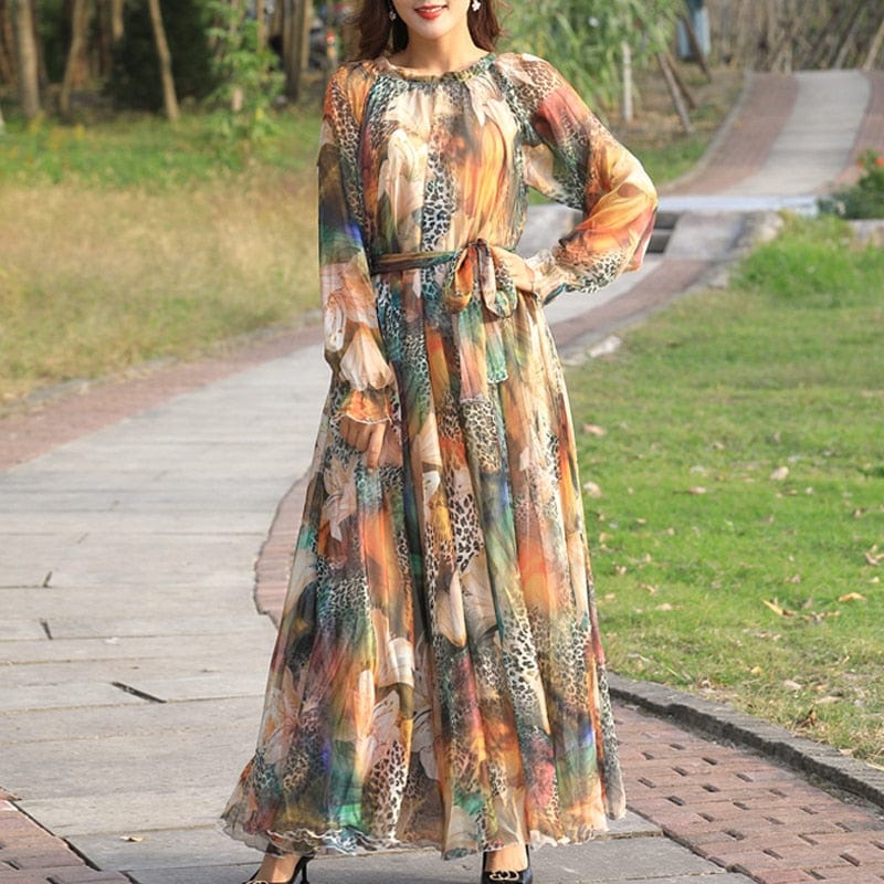 Cap Point gray / S Aria Floral Printed  Loose Chiffon Fashion Maxi Dress