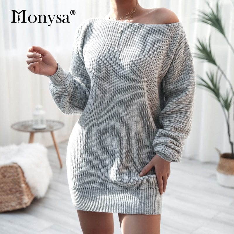 Cap Point Gray / S Elisa Off Shoulder Lantern Long Sleeve Knitted Sweater Dress