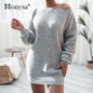 Cap Point Gray / S Elisa Off Shoulder Lantern Long Sleeve Knitted Sweater Dress