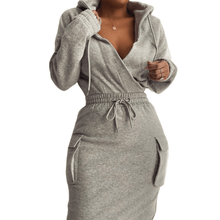 Load image into Gallery viewer, Cap Point Gray / S Linton Pocket Design Drawstring Waist Hooded Sweatshirt Dress
