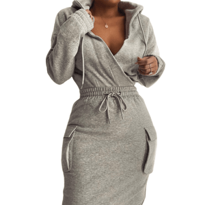 Cap Point Gray / S Linton Pocket Design Drawstring Waist Hooded Sweatshirt Dress