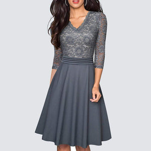 Cap Point Gray / S New Vintage Stylish Floral Lace Patchwork Black Party Dress