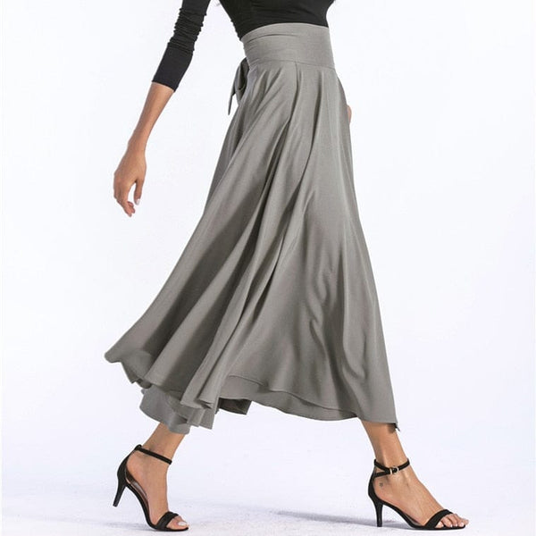 Cap Point gray / S Slit Vintage Pleated Flared Pockets Lace Up Bow Maxi Skirt