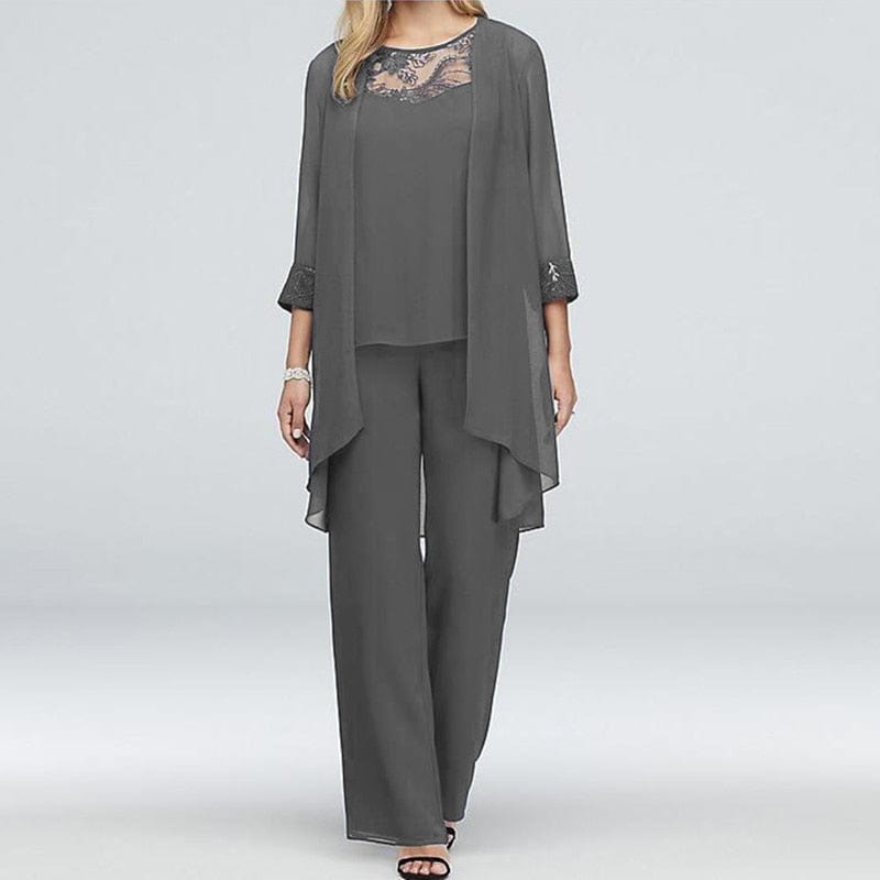 Cap Point Gray / S Solid lace Top High Waist Straight Fit Mother of the Bride Pantsuit