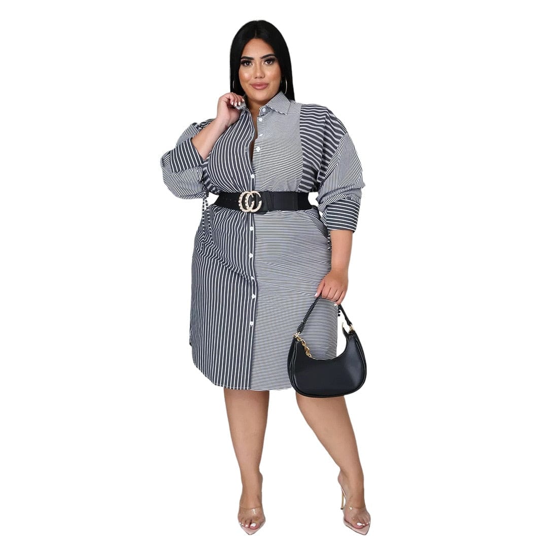 Cap Point Gray / XL Meda Plus size Splicing stripe printing long sleeve casual shirt dress