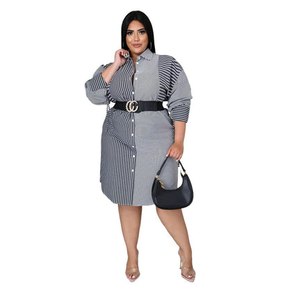 Cap Point Gray / XL Meda Plus size Splicing stripe printing long sleeve casual shirt dress
